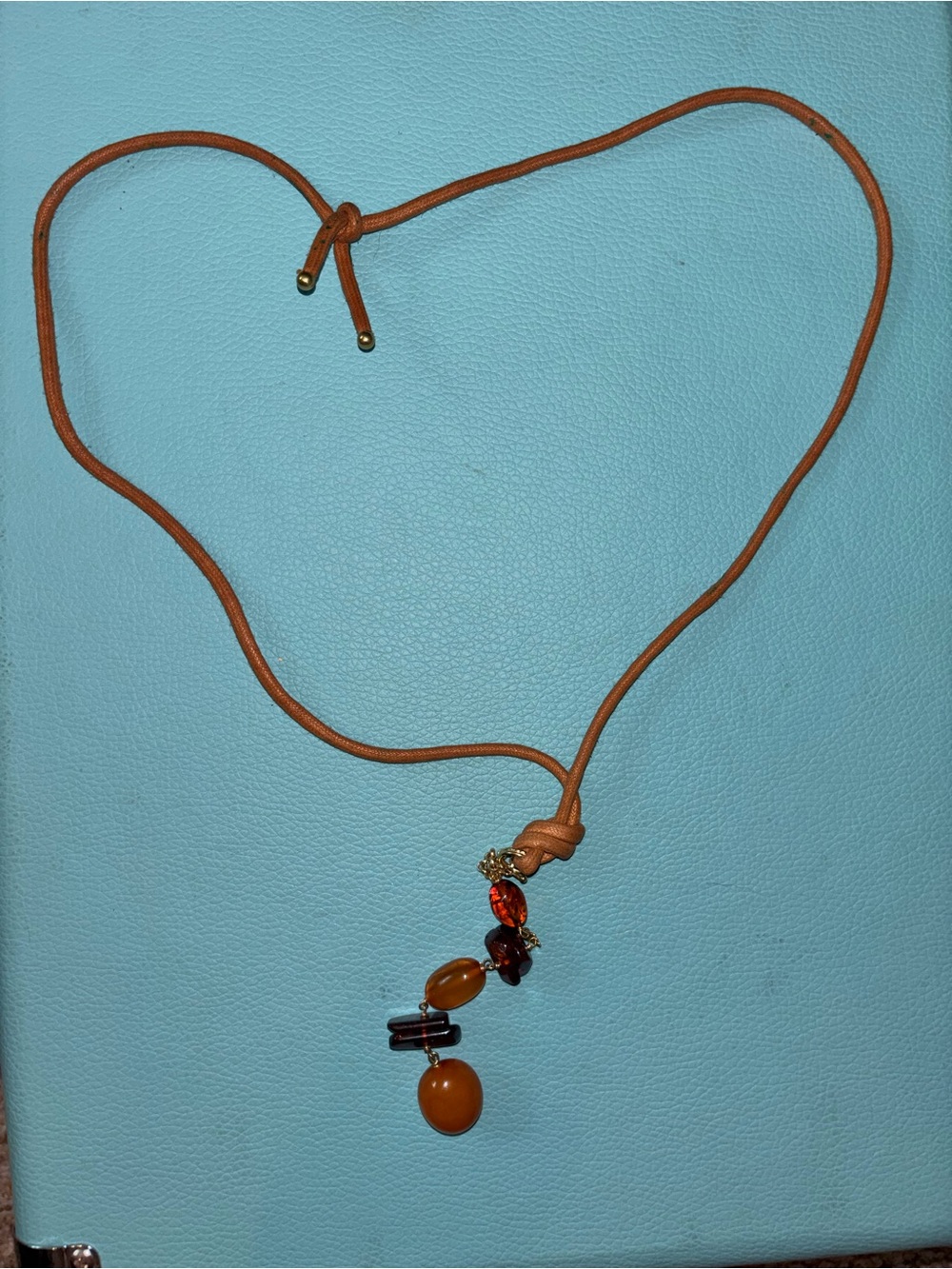 Leather Cord Necklace with Amber and Brown Bead Pendant